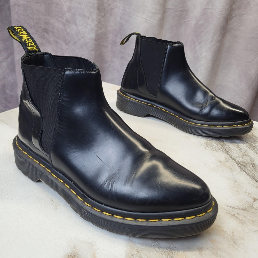 Dr Martens Chelsea Boots Womens Size 6 Black Leather Pull On Yellow Stitch Ankle